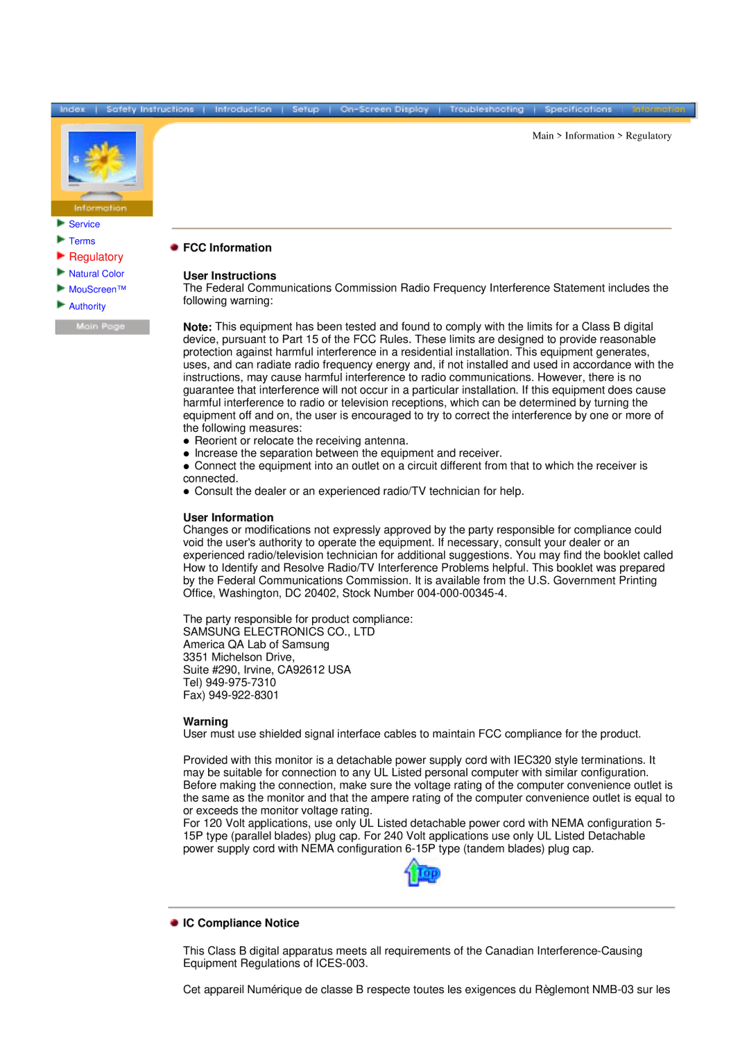 Samsung 957D manual Regulatory, FCC Information User Instructions, User Information, IC Compliance Notice 