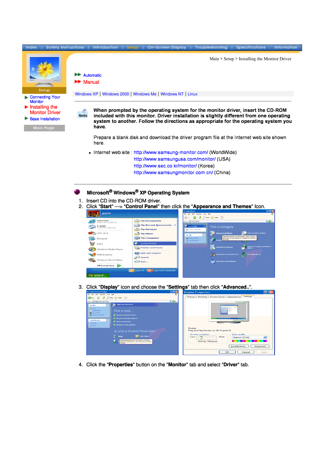 Samsung 957D manual Installing the Monitor Driver, Manual, Microsoft Windows XP Operating System 