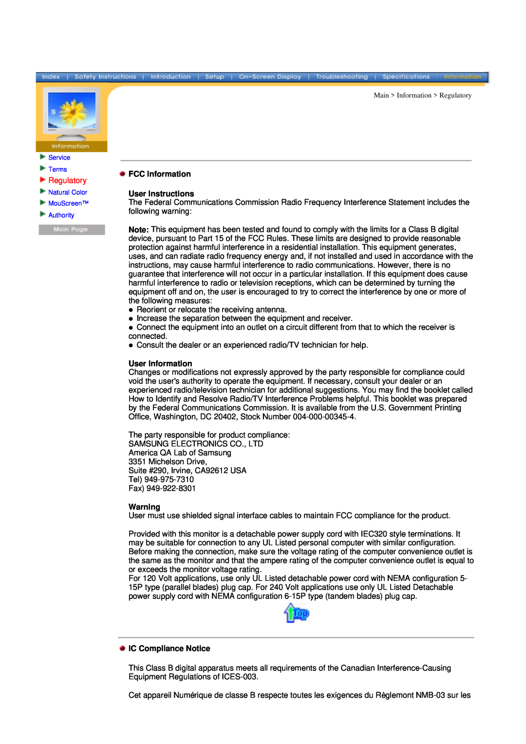 Samsung 957D manual Regulatory, FCC Information User Instructions, User Information, IC Compliance Notice 