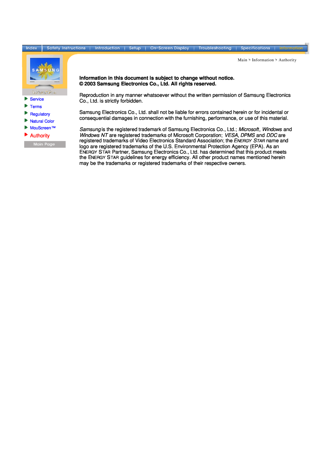 Samsung 957D manual Service Terms Regulatory Natural Color MouScreen, Main Information Authority 