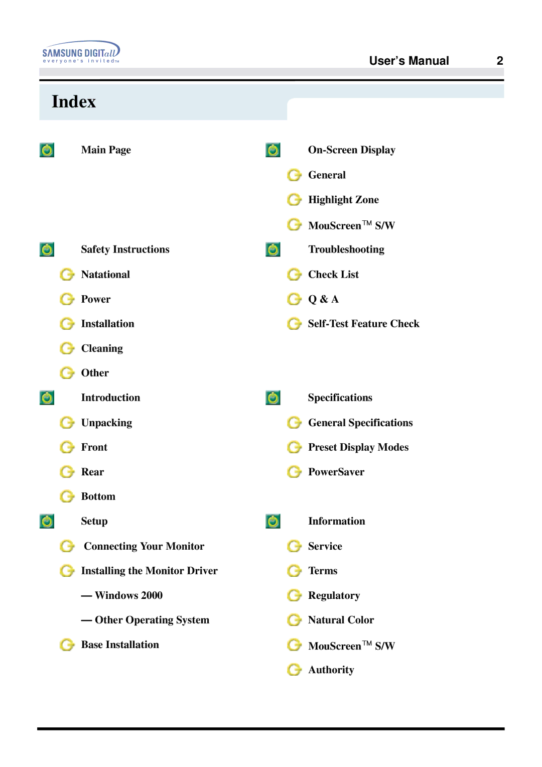 Samsung 957FS manual Index, Self-Test Feature Check 