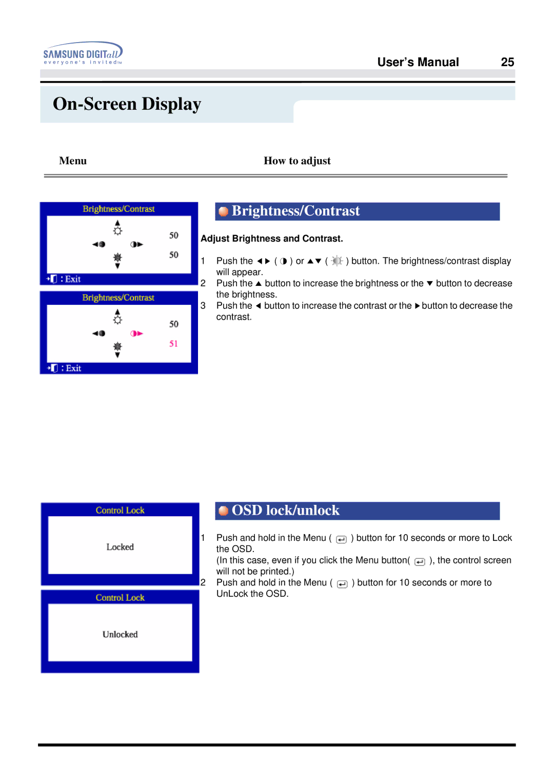 Samsung 957FS manual Brightness/Contrast, OSD lock/unlock 