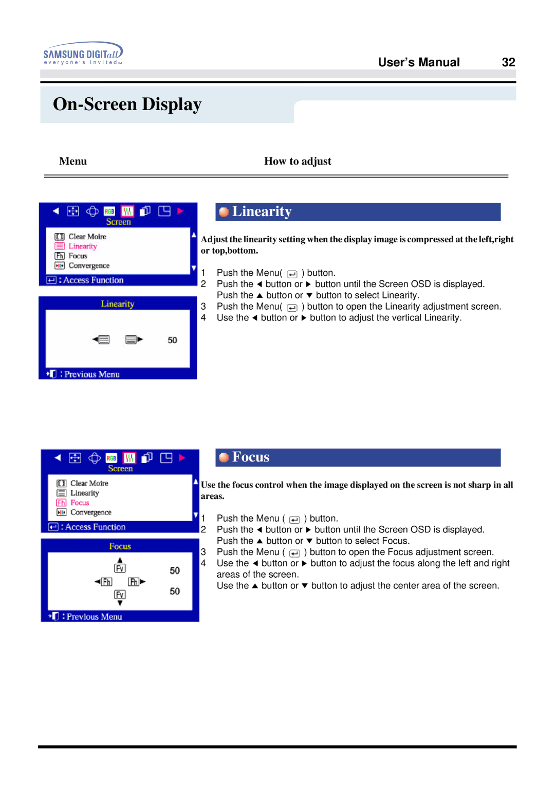 Samsung 957FS manual Linearity, Focus 