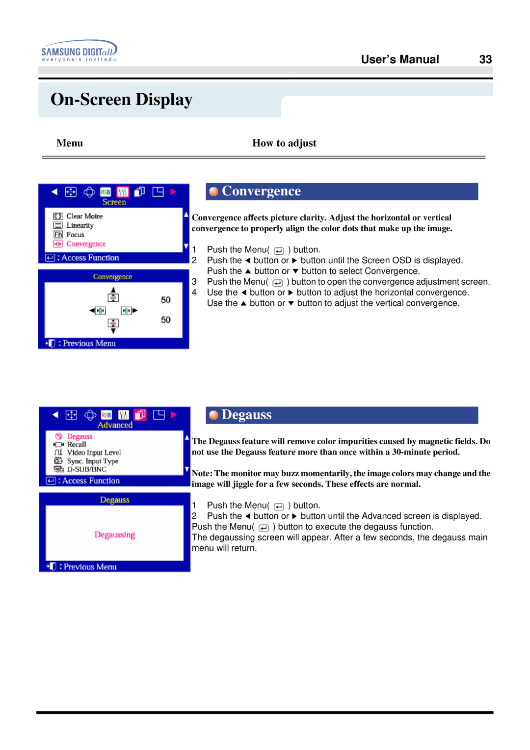 Samsung 957FS manual Convergence, Degauss 