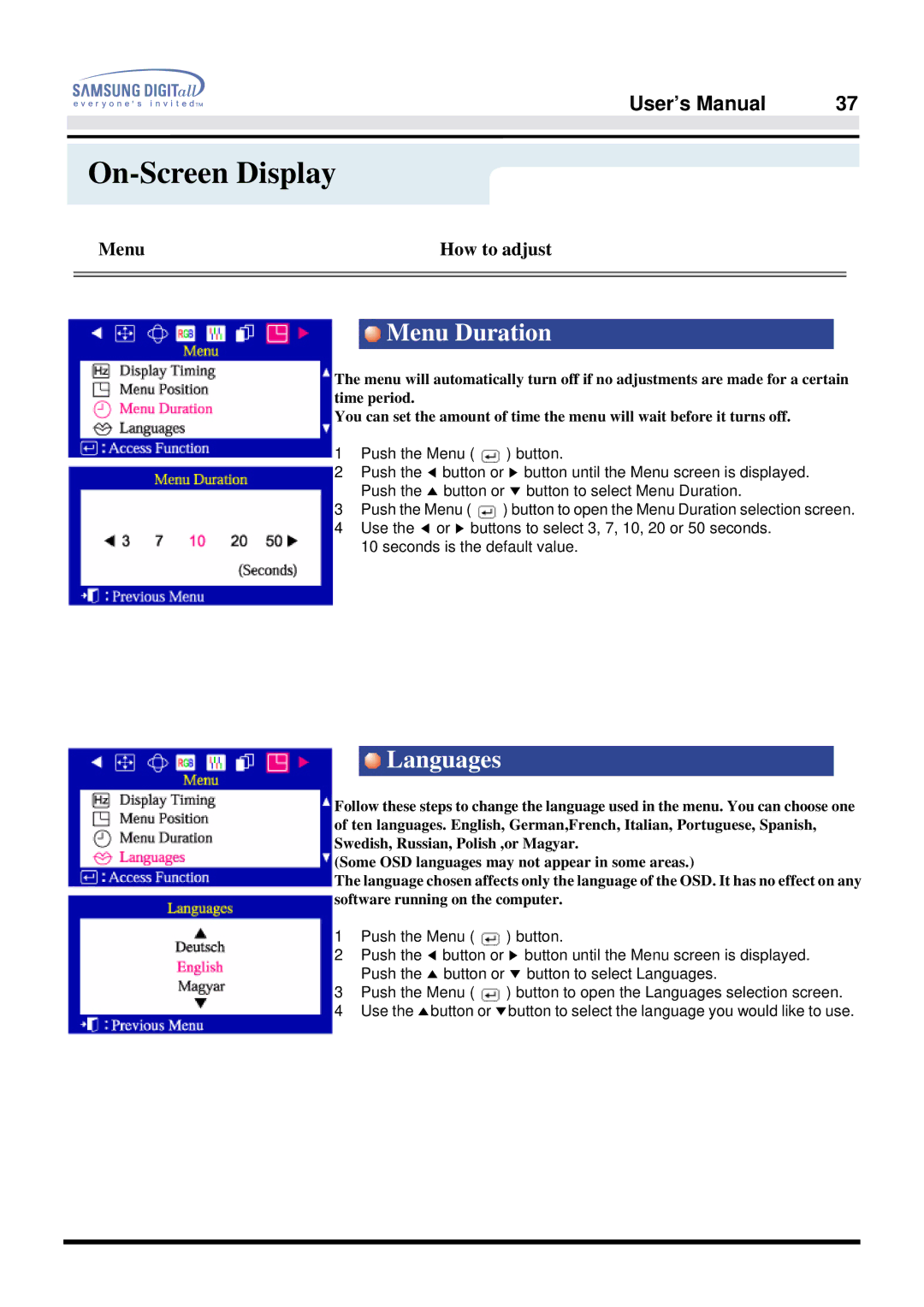 Samsung 957FS manual Menu Duration, Languages 