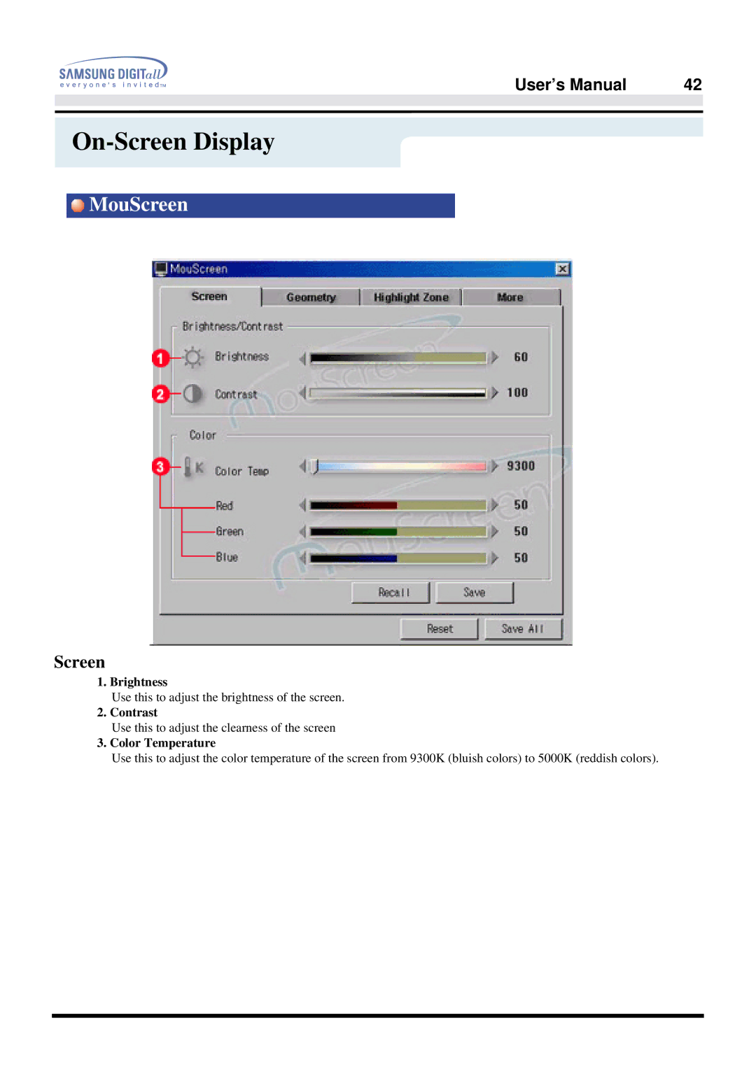 Samsung 957FS manual MouScreen 