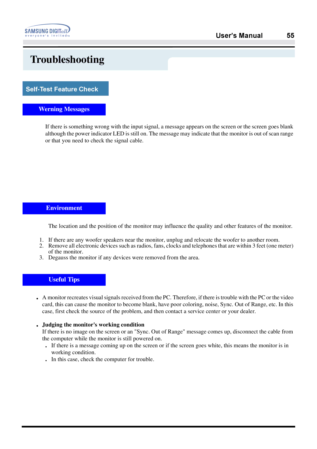 Samsung 957FS manual Werning Messages, Judging the monitors working condition 