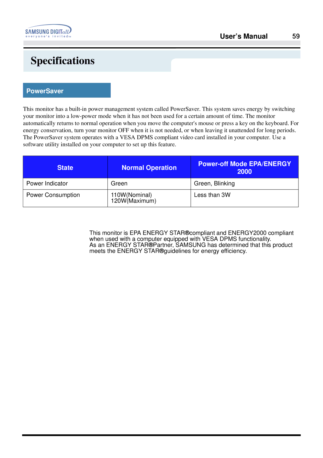 Samsung 957FS manual PowerSaver, State Normal Operation Power-off Mode EPA/ENERGY 2000 