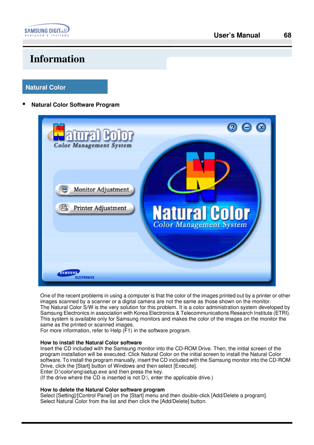 Samsung 957FS manual Natural Color Software Program 