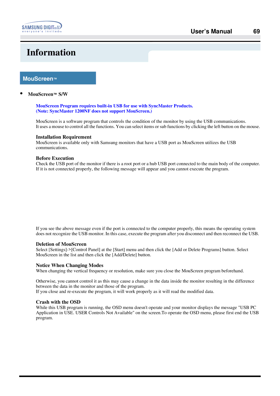 Samsung 957FS manual Installation Requirement, Before Execution, Deletion of MouScreen, Crash with the OSD 