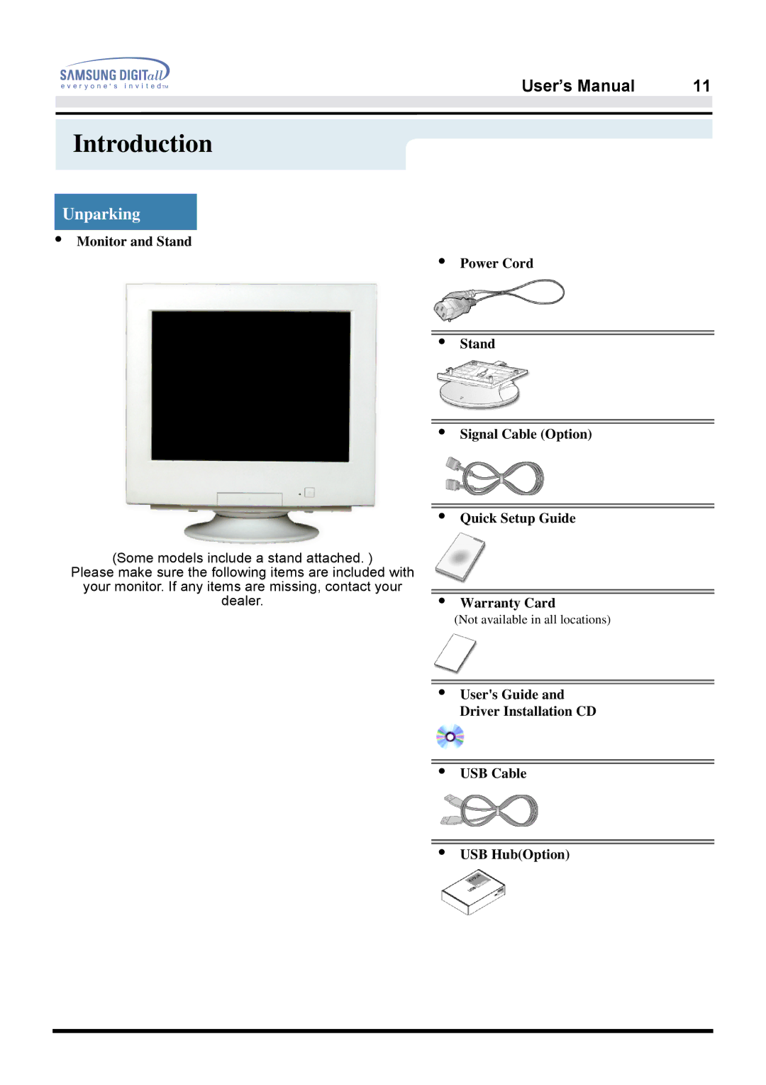 Samsung 900NF, 959NF, 959NF, 900NF manual Warranty Card, Users Guide Driver Installation CD USB Cable USB HubOption 