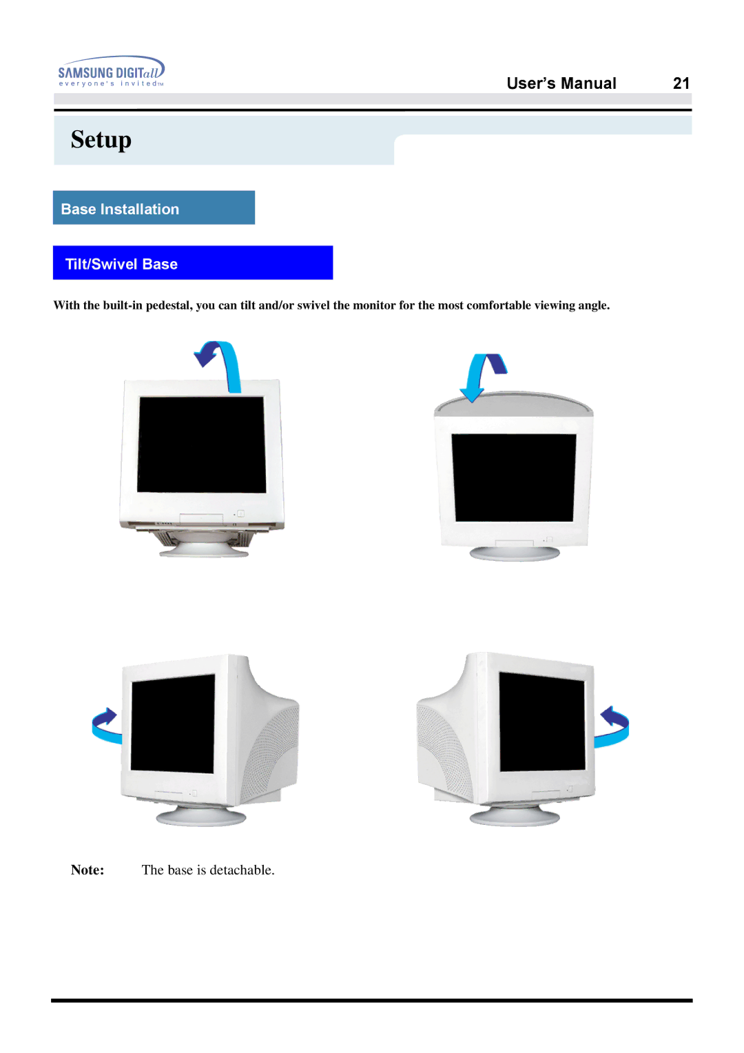 Samsung 900NF, 959NF, 959NF, 900NF manual Base Installation Tilt/Swivel Base 