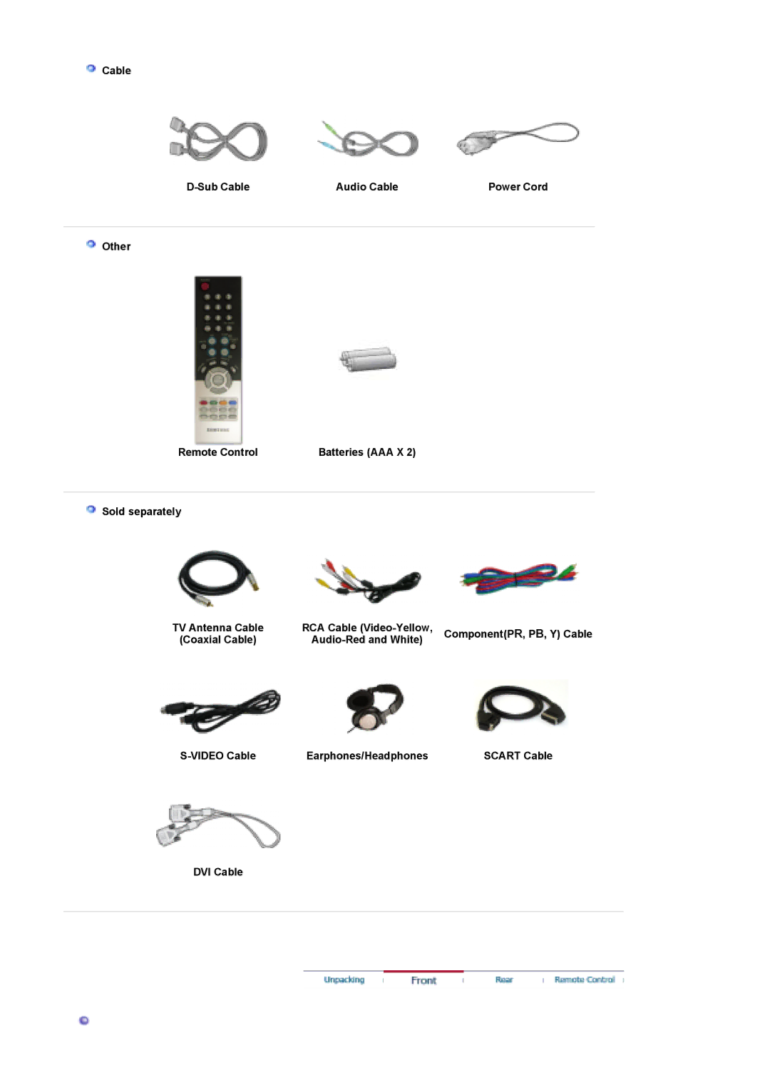 Samsung 960HD manual Cable Sub Cable Audio Cable, Other Remote Control, Sold separately 