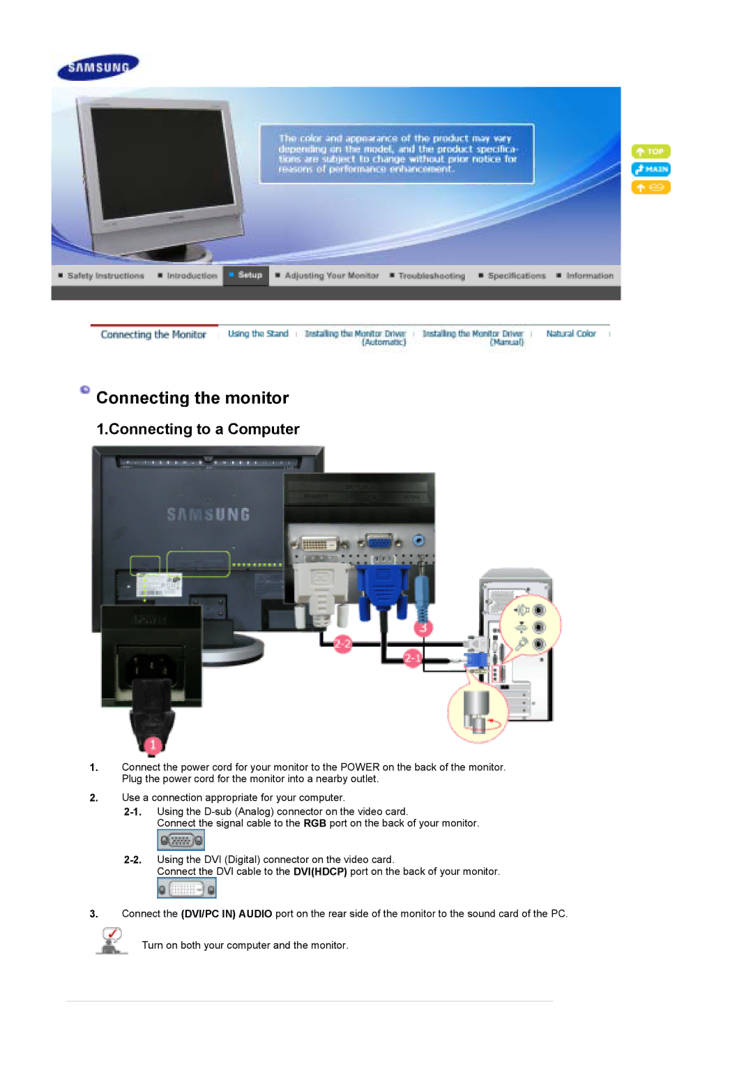 Samsung 960HD manual Connecting the monitor, Connecting to a Computer 