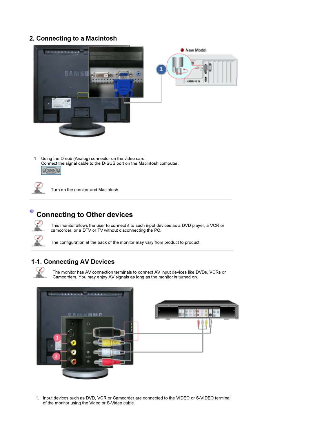 Samsung 960HD manual Connecting to Other devices, Connecting to a Macintosh, Connecting AV Devices 