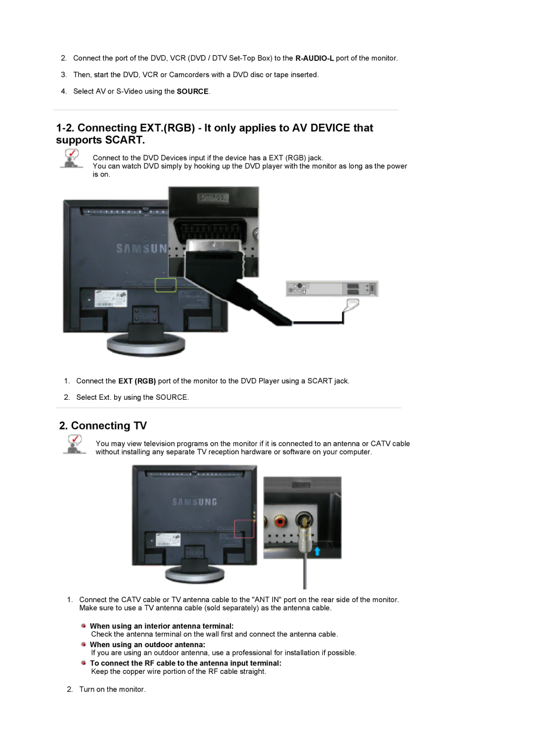 Samsung 960HD manual Connecting TV, When using an interior antenna terminal, When using an outdoor antenna 