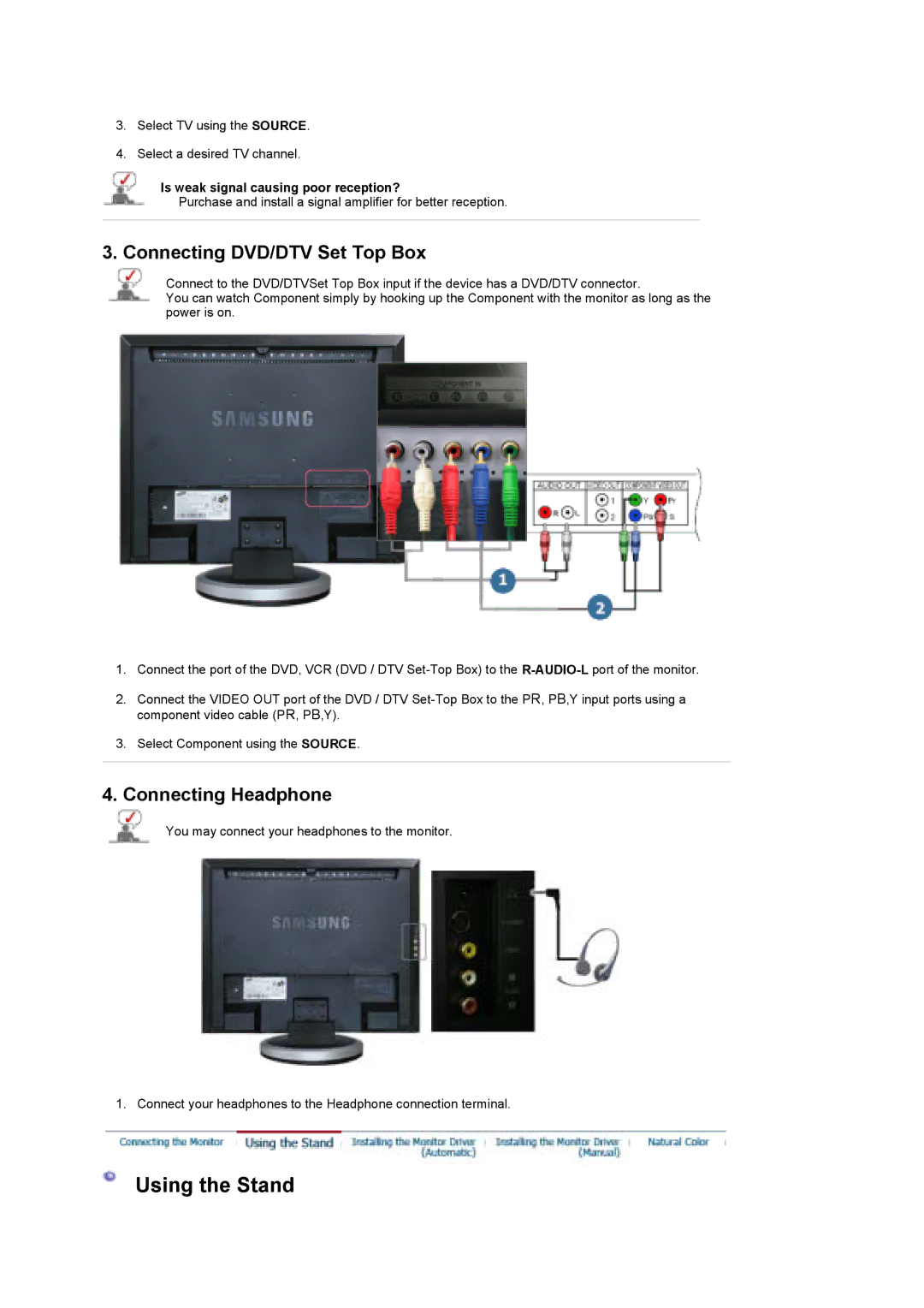 Samsung 960HD manual Using the Stand, Connecting DVD/DTV Set Top Box, Connecting Headphone 