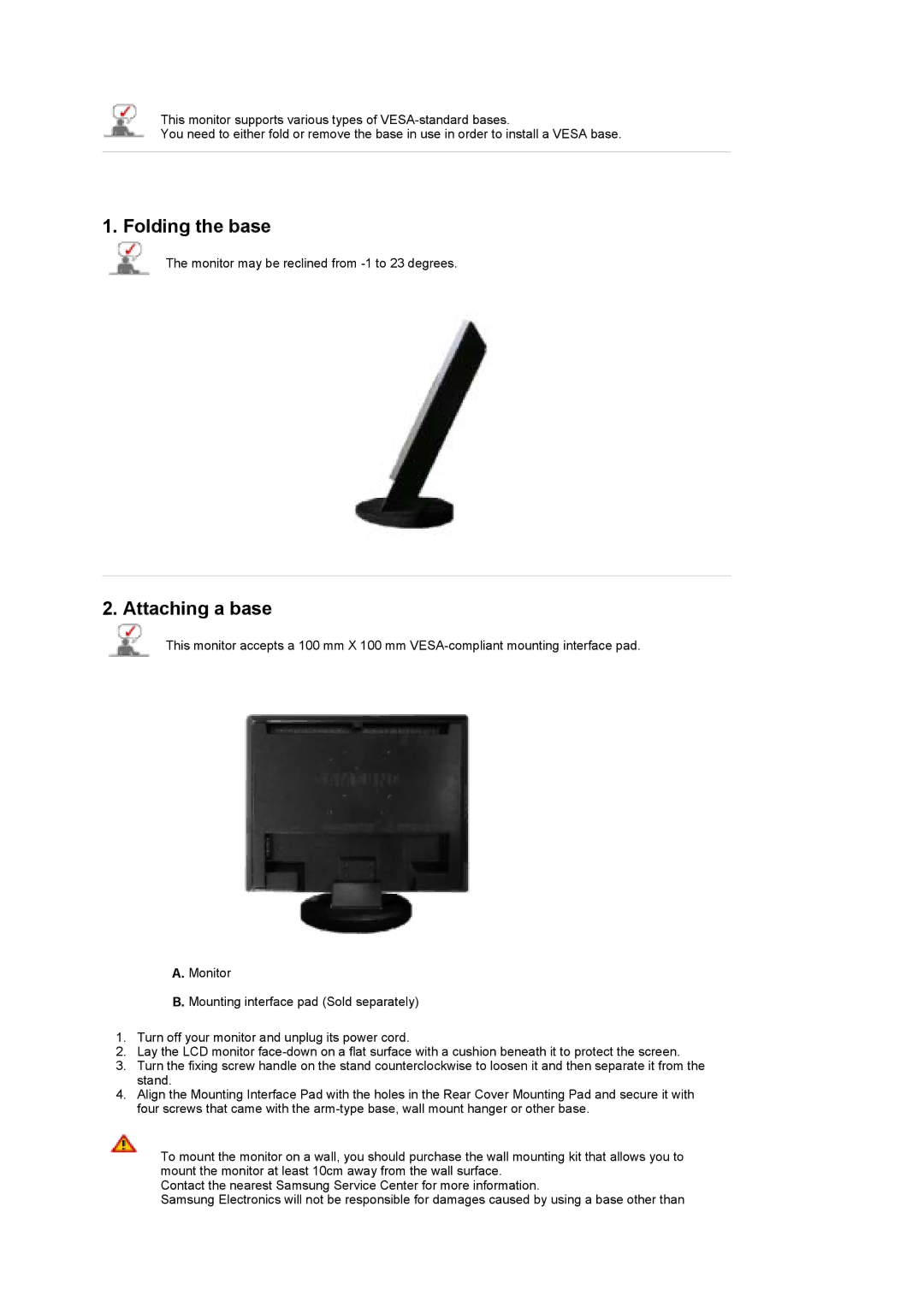 Samsung 960HD manual Folding the base, Attaching a base 