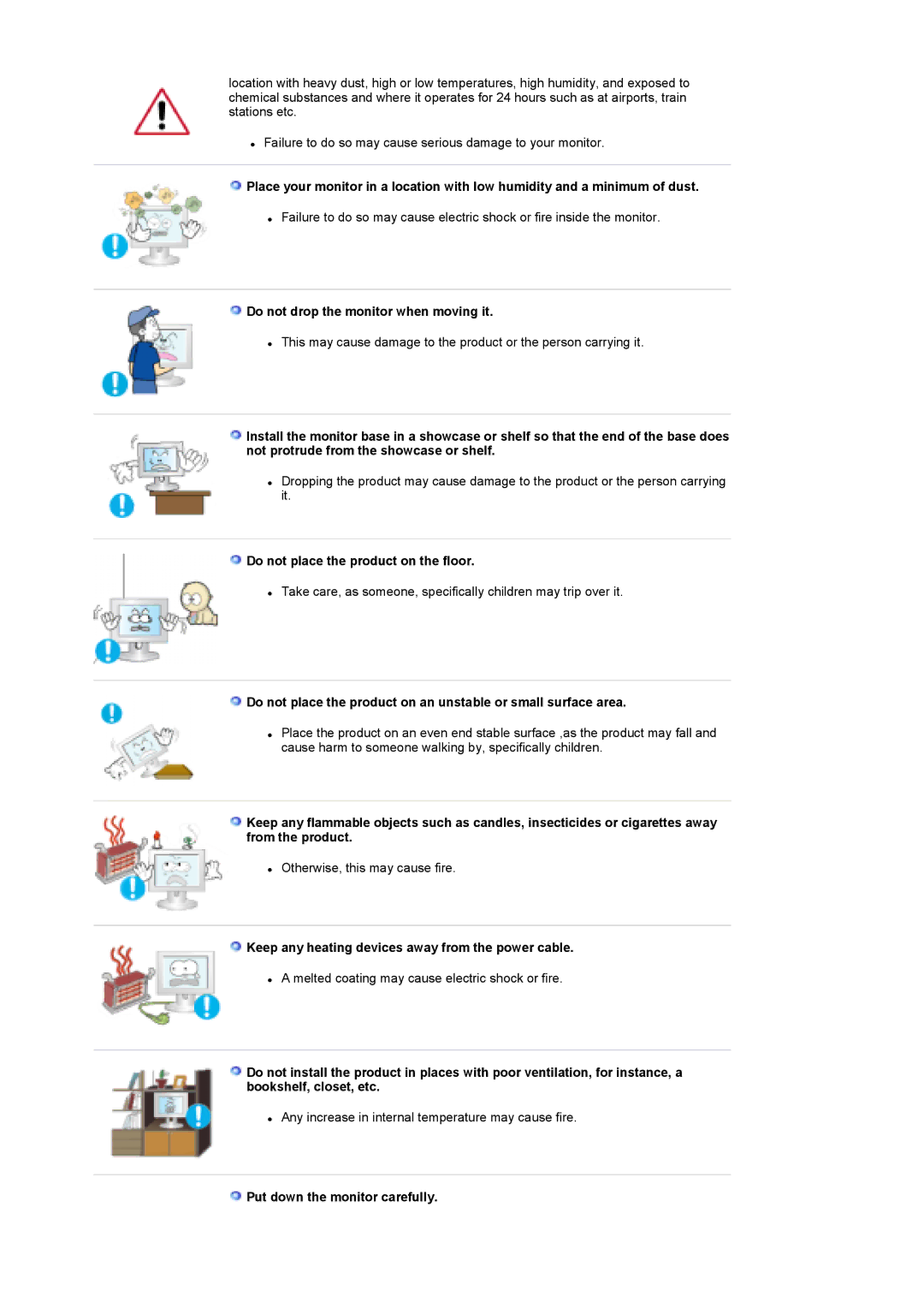 Samsung 960HD manual Do not drop the monitor when moving it, Do not place the product on the floor 