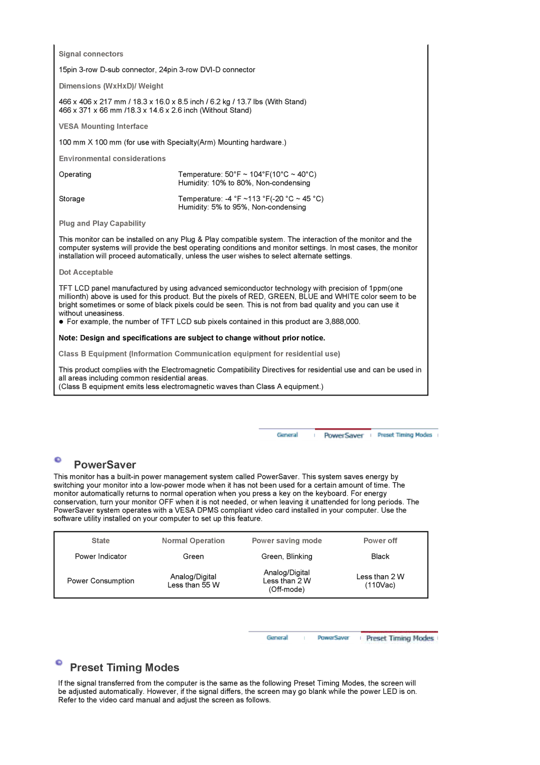 Samsung 960HD manual PowerSaver, Preset Timing Modes 