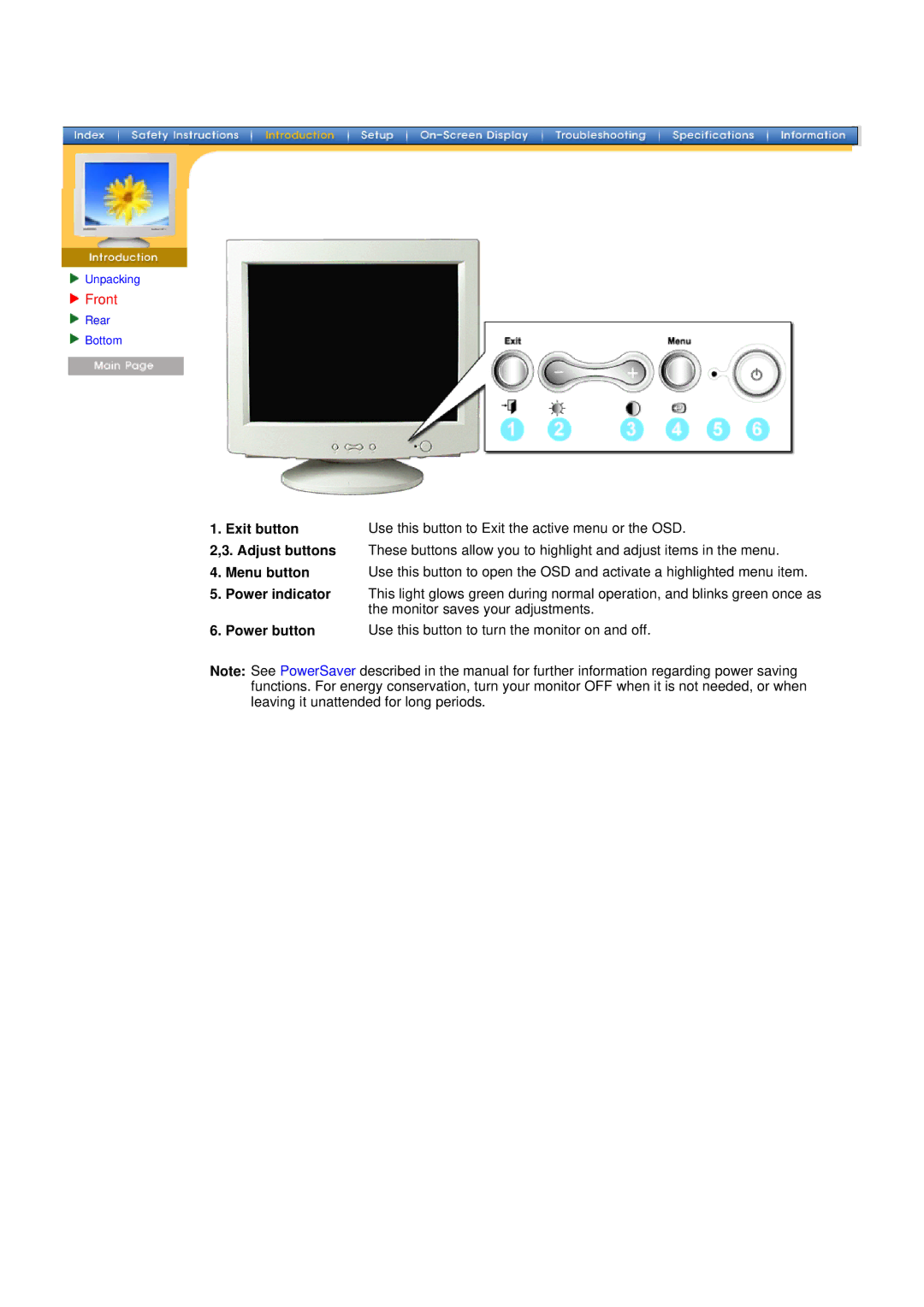 Samsung 96BDF, 98BDF manual Front, Power button 