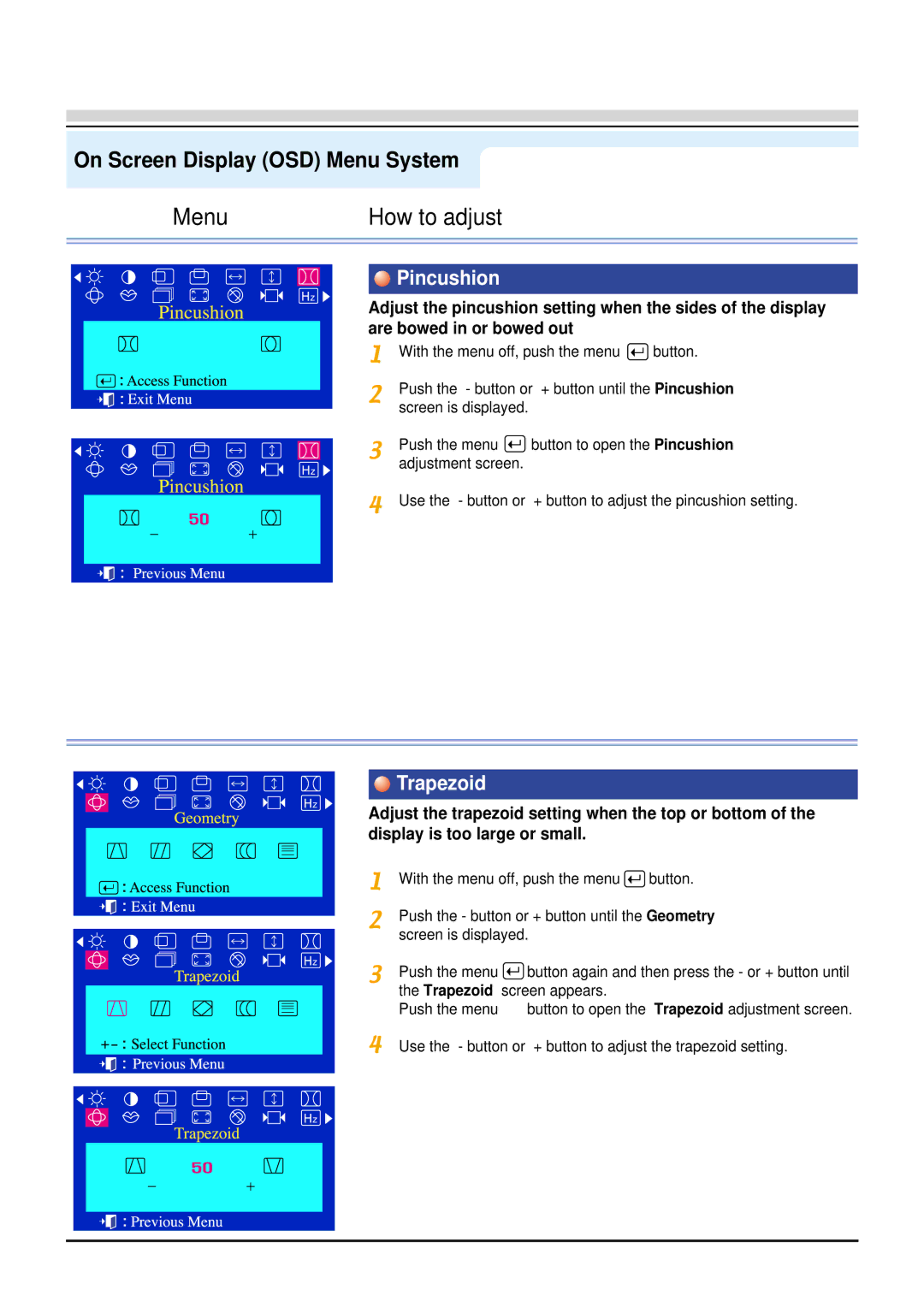 Samsung 96BDF, 98BDF manual Pincushion, Trapezoid 