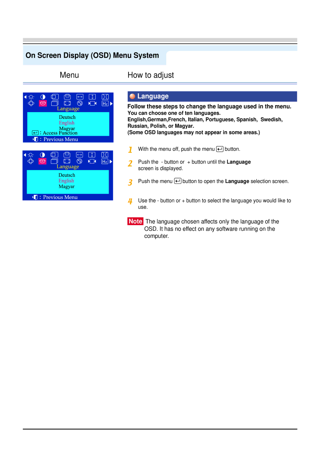 Samsung 98BDF, 96BDF manual Language, Follow these steps to change the language used in the menu 