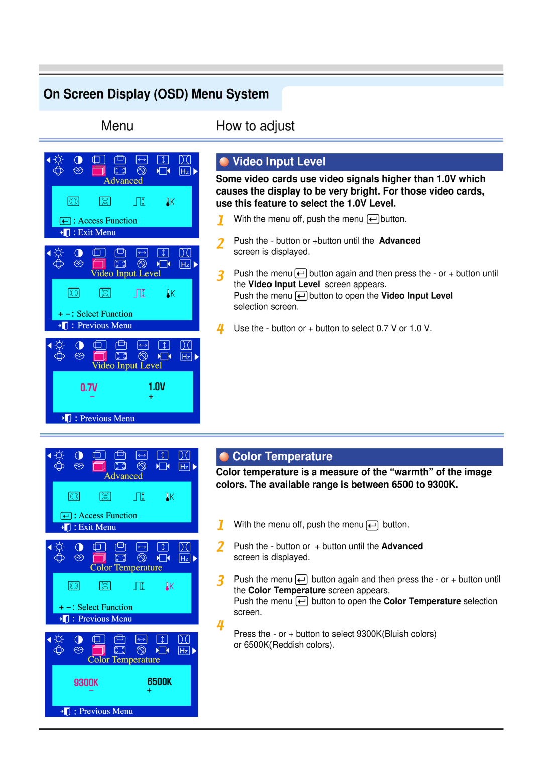 Samsung 98BDF, 96BDF manual Video Input Level, Color Temperature 