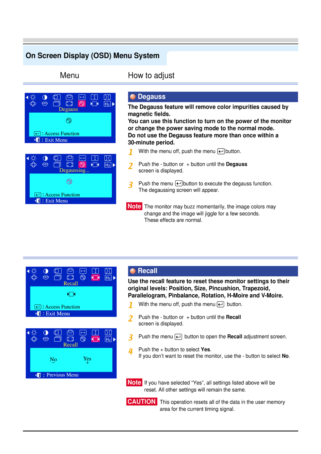 Samsung 98BDF, 96BDF manual Degauss, Recall 