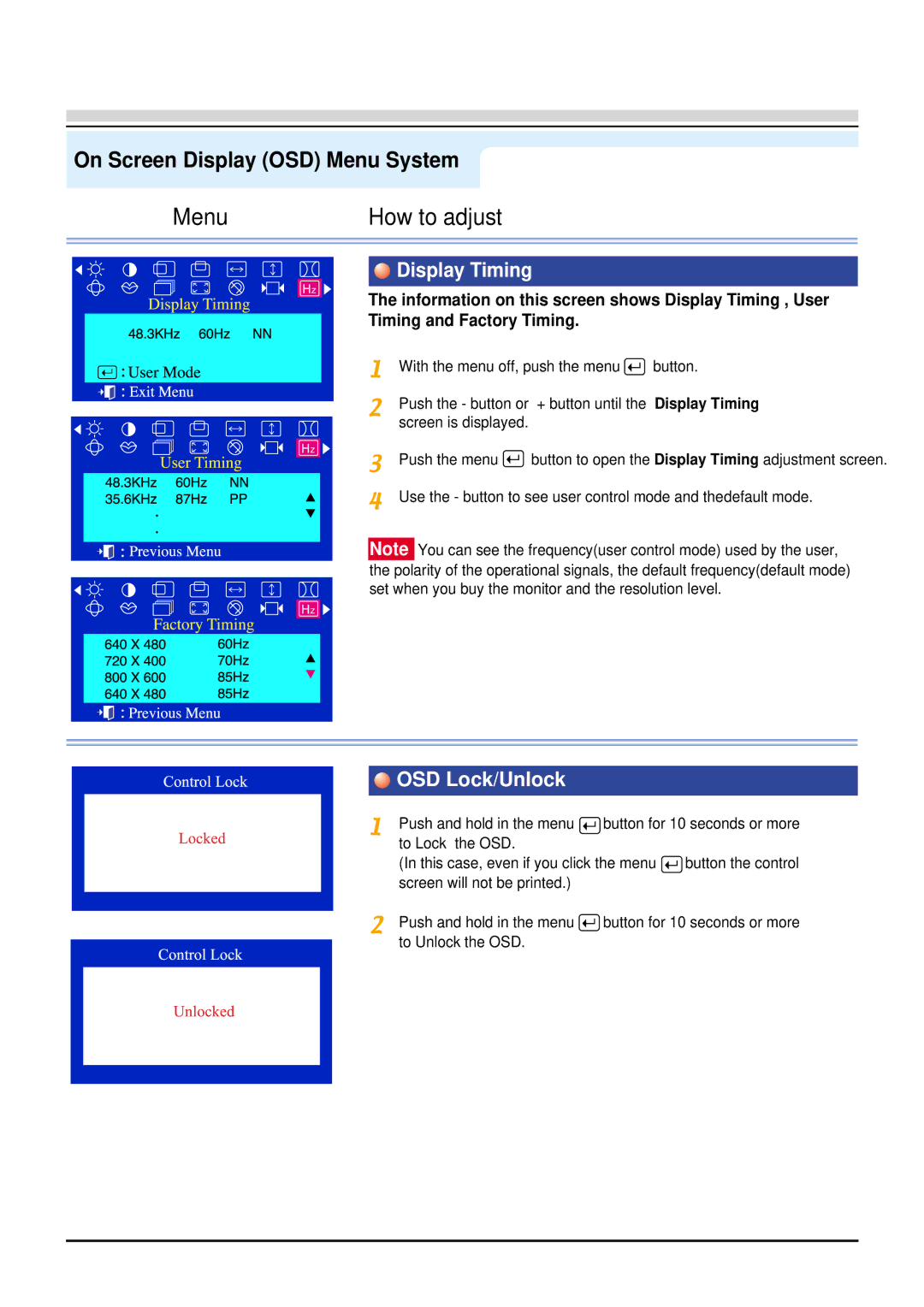 Samsung 96BDF, 98BDF manual Display Timing, OSD Lock/Unlock 