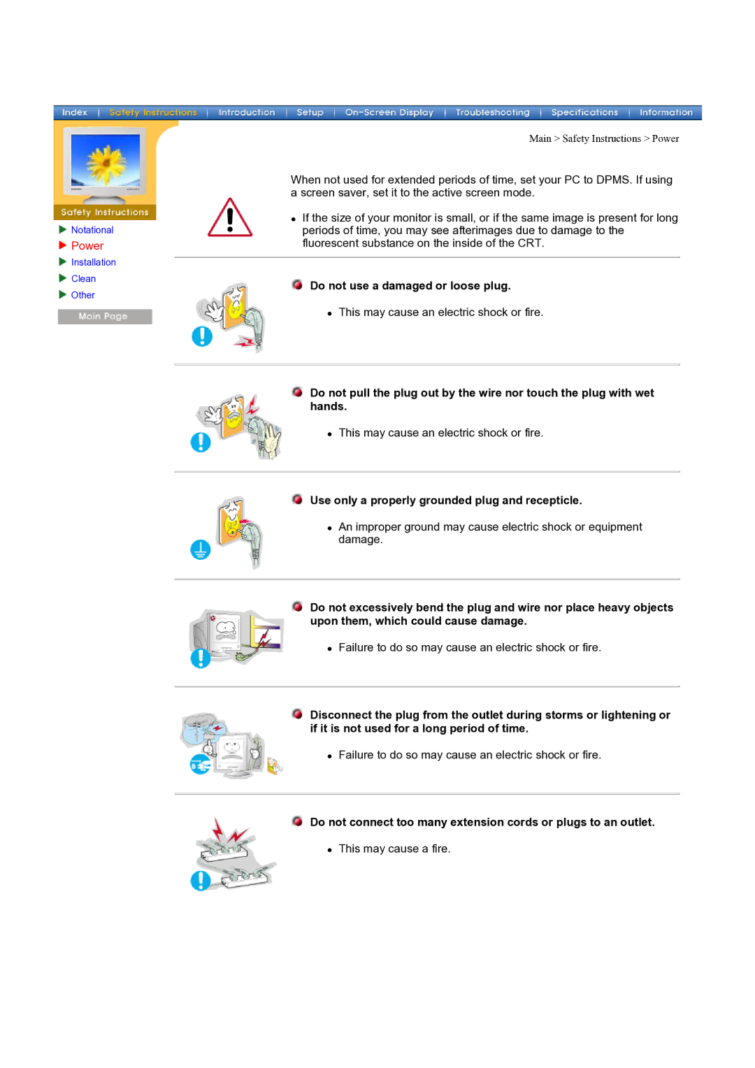 Samsung 96BDF, 98BDF manual Power, Do not use a damaged or loose plug, Use only a properly grounded plug and recepticle 