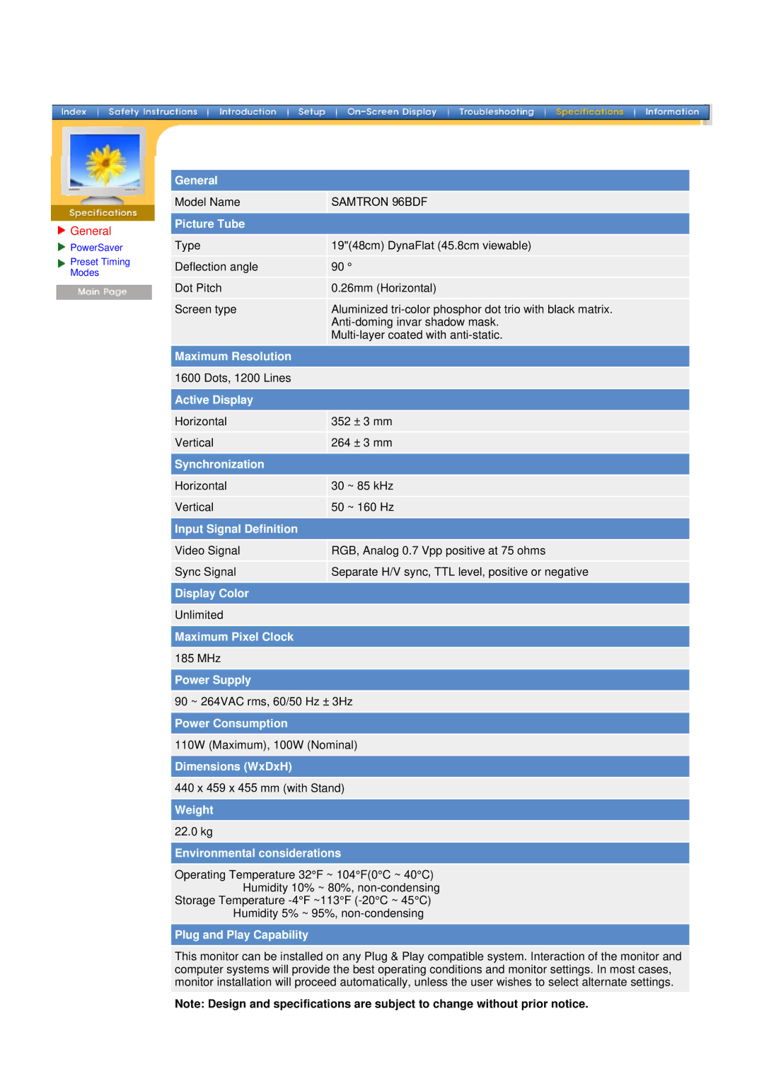 Samsung 96BDF, 98BDF manual General, Picture Tube 