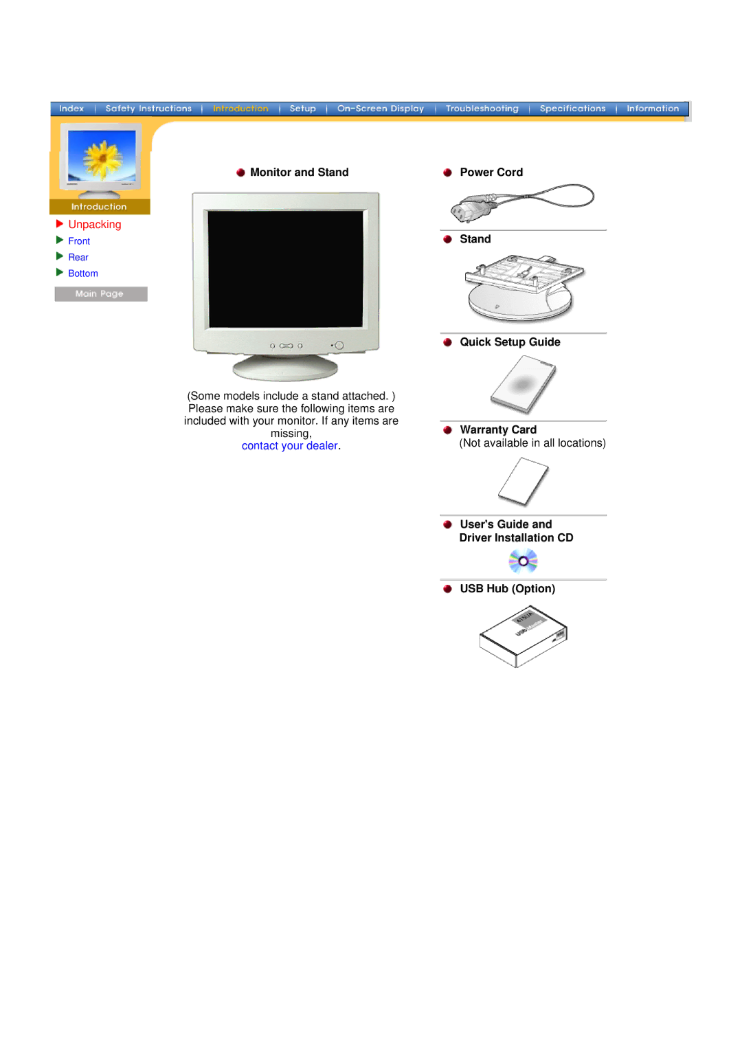 Samsung 98BDF, 96BDF manual Unpacking, Monitor and Stand, Power Cord Stand Quick Setup Guide Warranty Card 