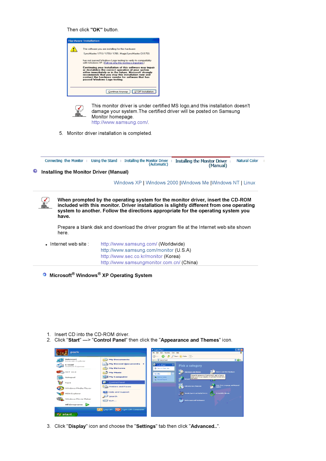 Samsung 970P, 770P manual Installing the Monitor Driver Manual, Microsoft Windows XP Operating System 