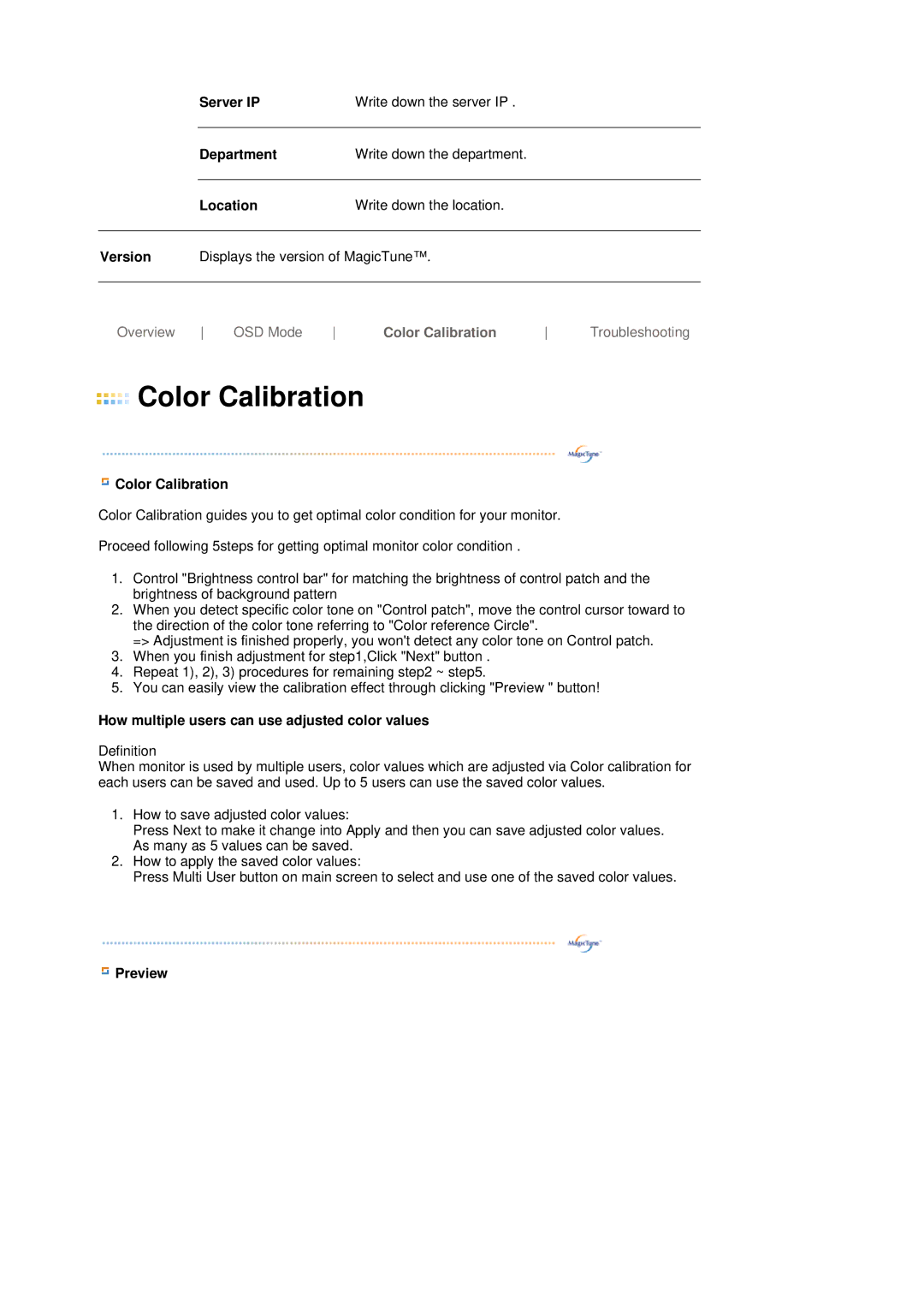 Samsung 770P, 970P manual Color Calibration, How multiple users can use adjusted color values, Preview 