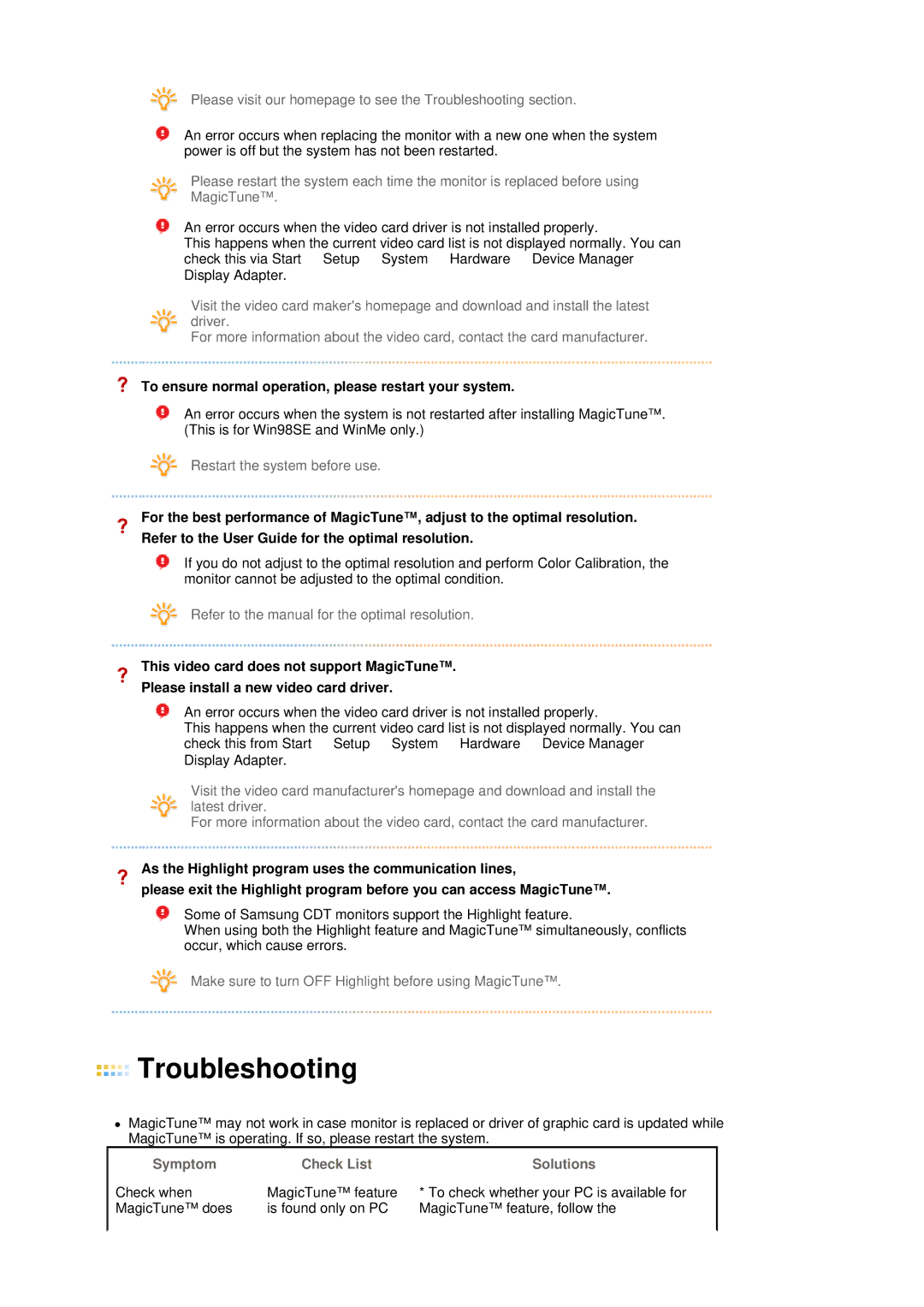 Samsung 770P, 970P manual To ensure normal operation, please restart your system, Symptom Check List Solutions 