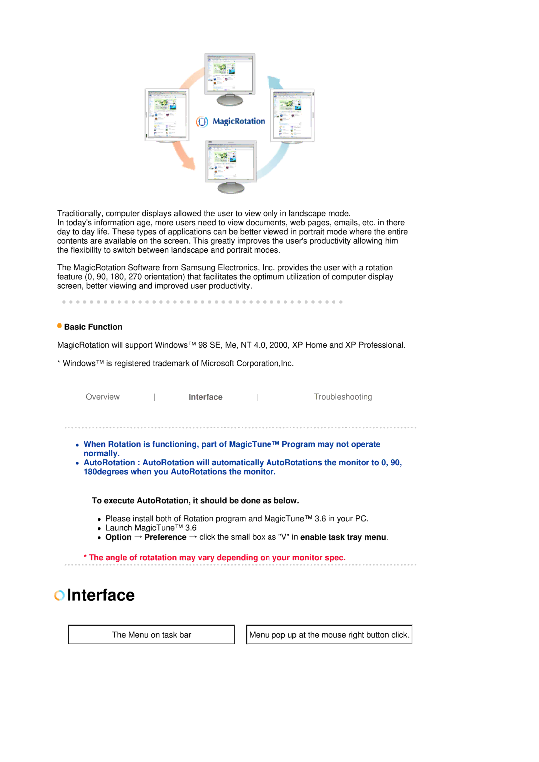 Samsung 770P, 970P manual Interface, Basic Function, To execute AutoRotation, it should be done as below 