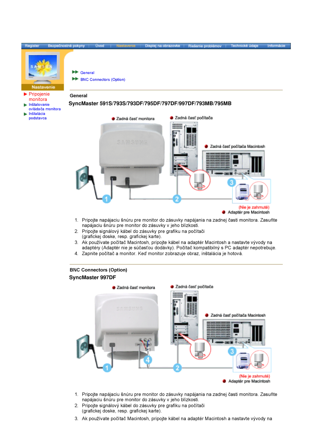 Samsung 793MB, 997DF manual Pripojenie, Monitora 