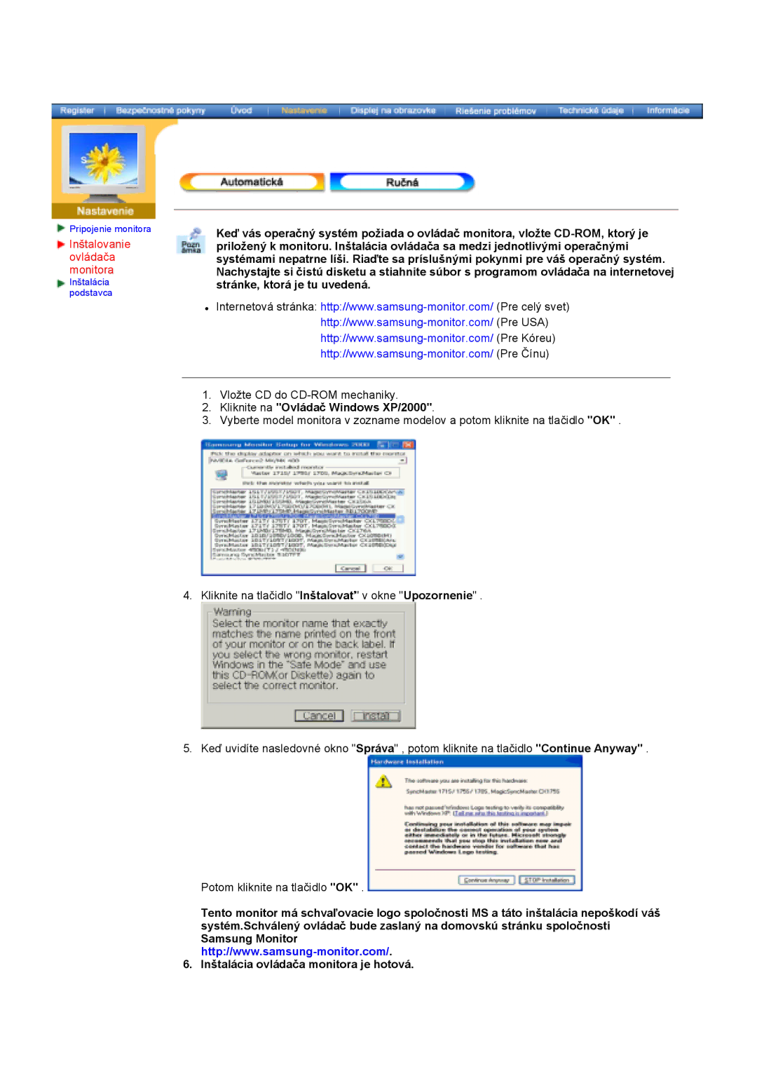 Samsung 997DF, 793MB manual Inštalovanie ovládača monitora, Kliknite na Ovládač Windows XP/2000 