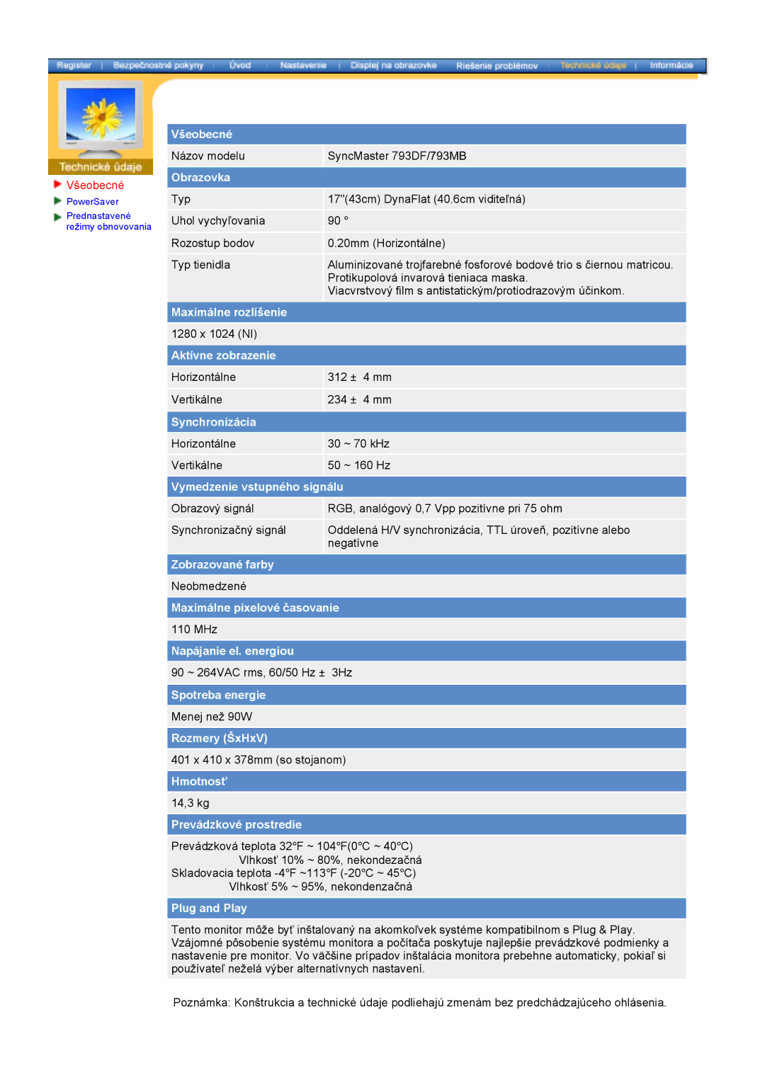 Samsung 793MB, 997DF manual Všeobecné, Obrazovka 