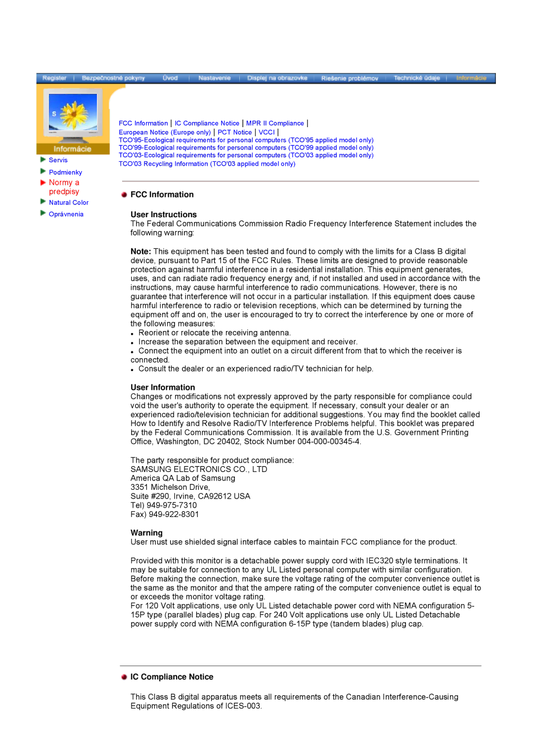 Samsung 793MB, 997DF manual Normy a predpisy, FCC Information User Instructions, User Information, IC Compliance Notice 