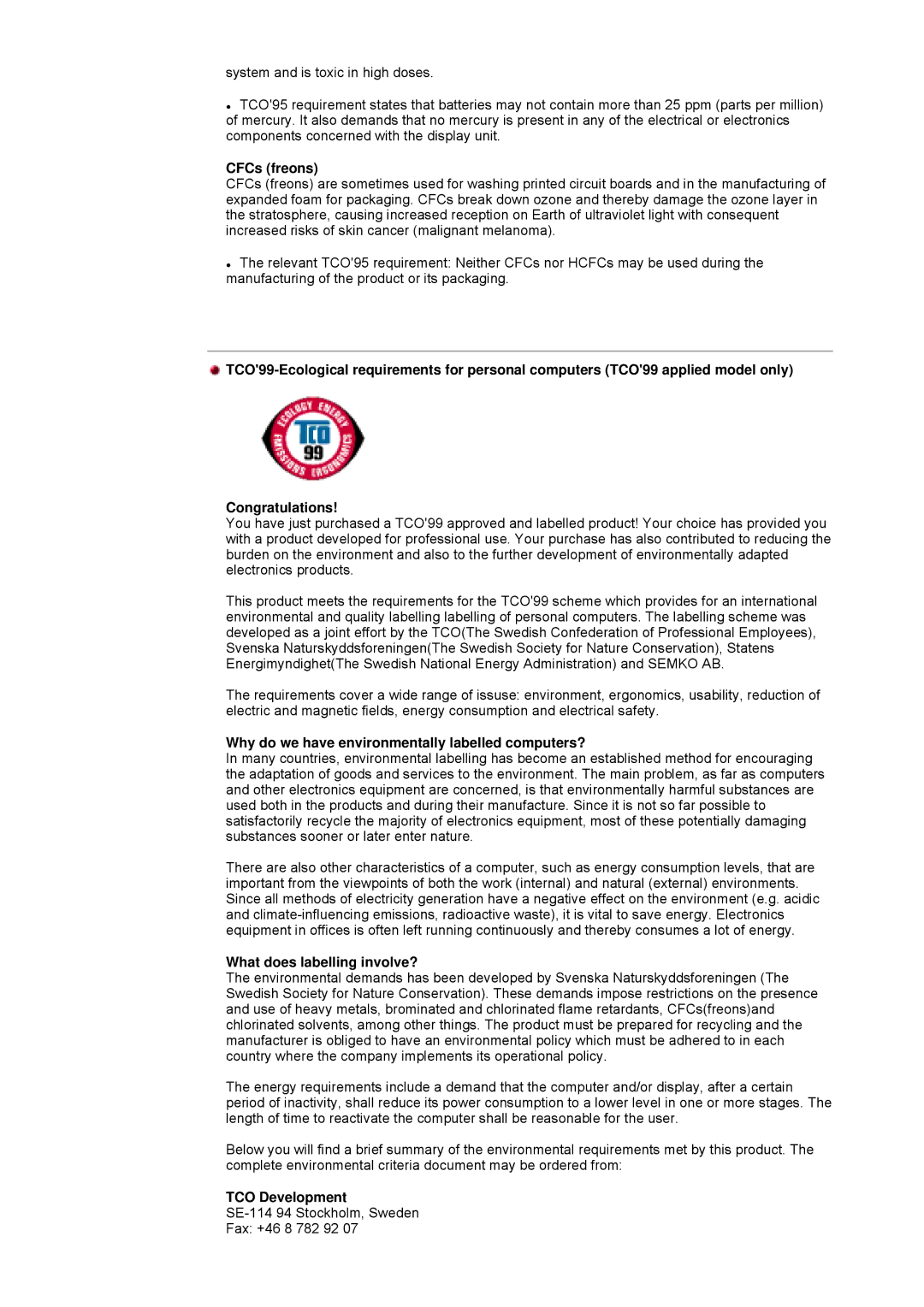 Samsung 997DF, 793MB manual CFCs freons, Why do we have environmentally labelled computers?, TCO Development 