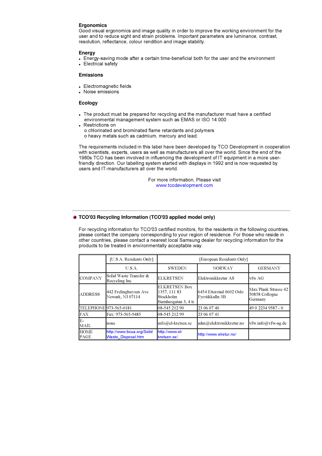 Samsung 997DF, 793MB manual Ergonomics, Energy, Emissions, Ecology, TCO03 Recycling Information TCO03 applied model only 