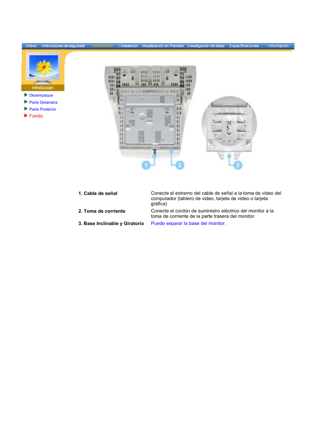 Samsung 793S, 997DF, 797DF, 793MB, 793V, 795DF, 795MB, 783DF Fondo, Cable de señal Toma de corriente Base Inclinable y Giratoria 