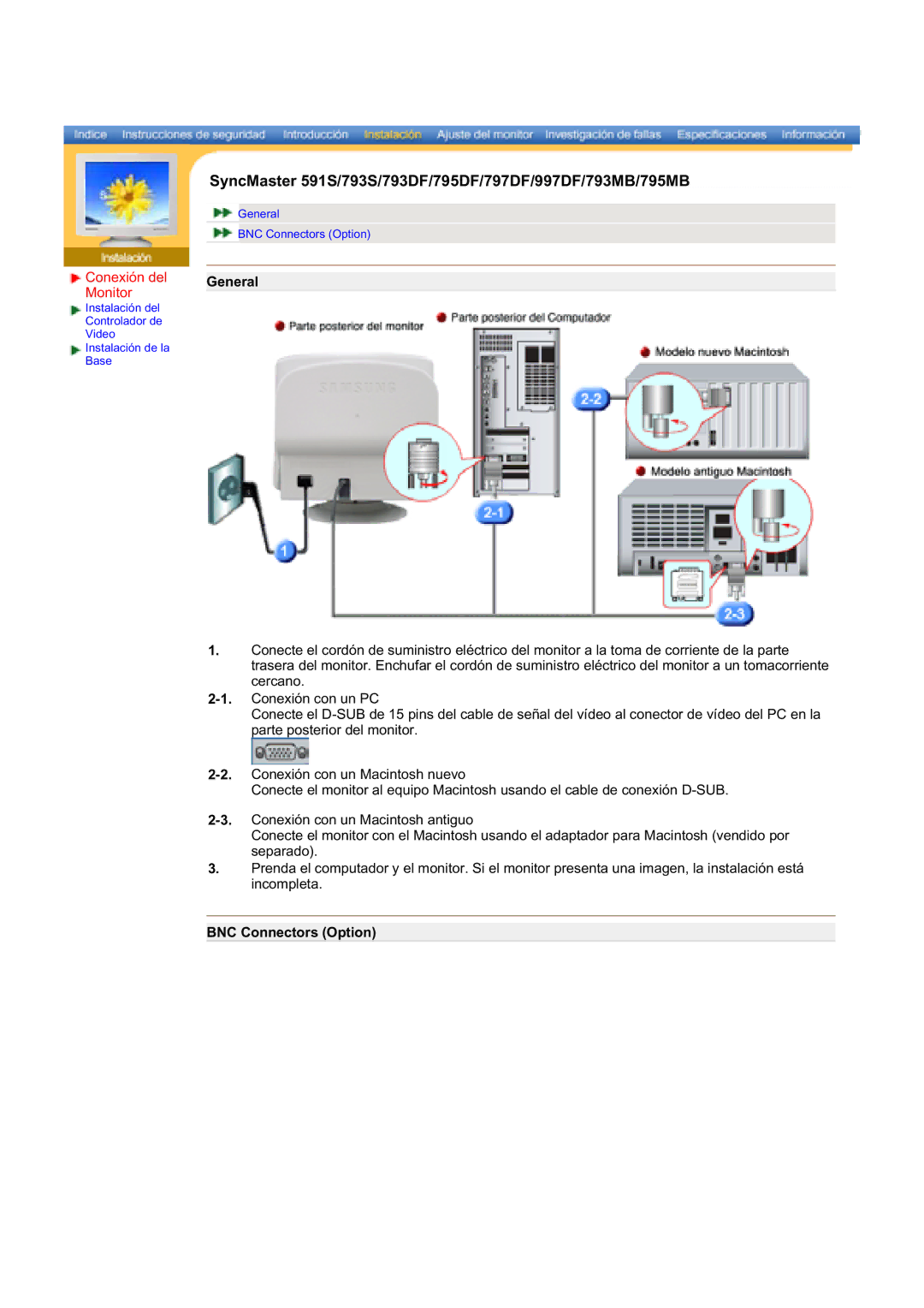 Samsung 797DF, 997DF, 793S, 793MB, 793V, 795DF, 795MB, 783DF, 591S, 591v, 793DF manual Conexión del, Monitor 