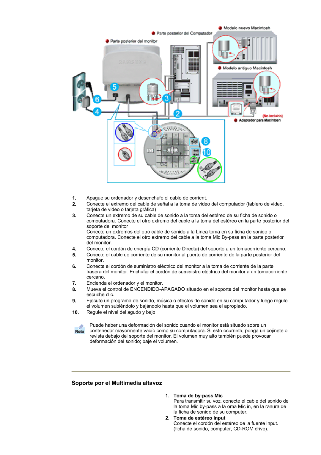 Samsung 793V, 997DF, 793S, 797DF, 793MB, 795DF, 795MB, 783DF, 591S, 591v, 793DF manual Toma de by-pass Mic, Toma de estéreo input 