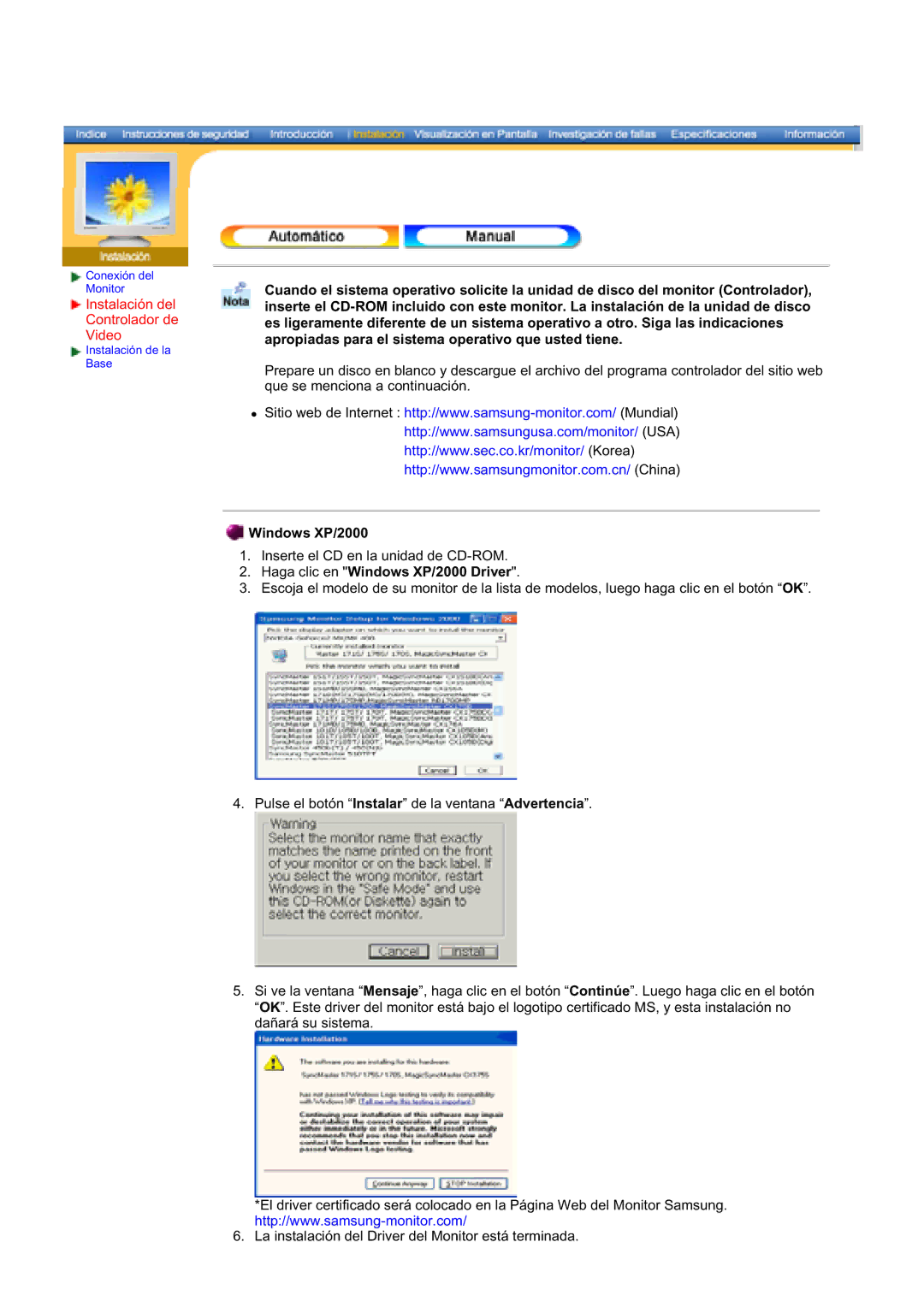 Samsung 795MB, 997DF, 793S, 797DF, 793MB, 793V Instalación del Controlador de Video, Haga clic en Windows XP/2000 Driver 