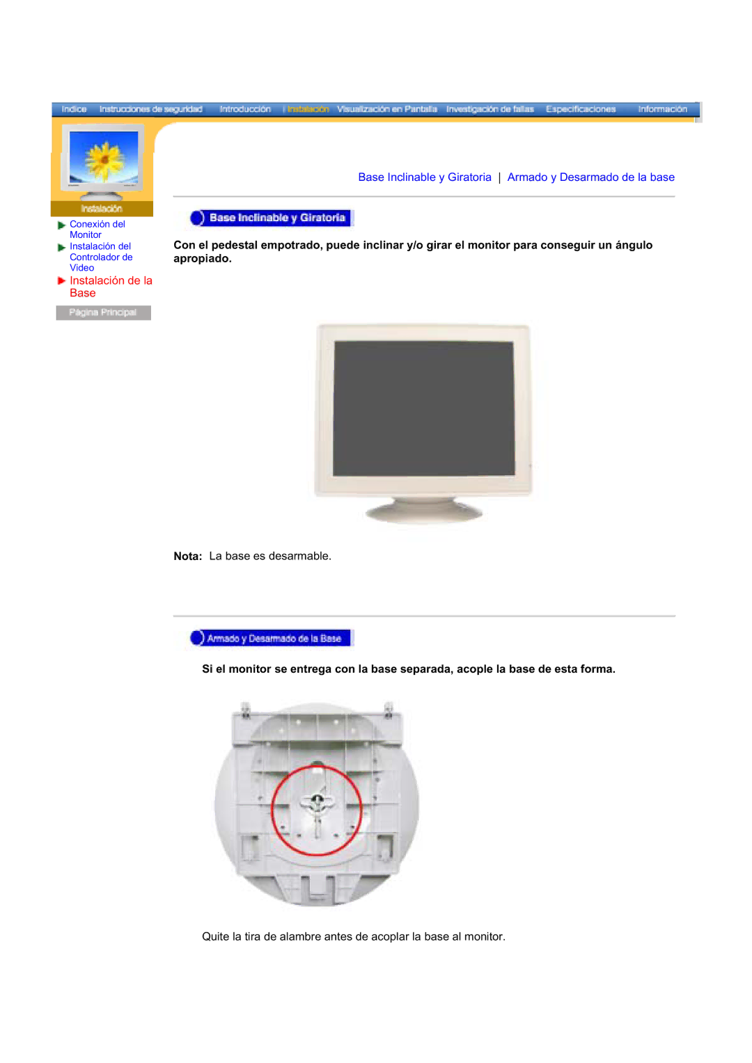 Samsung 997DF, 793S, 797DF, 793MB, 793V, 795DF, 795MB, 783DF, 591S, 591v, 793DF manual Instalación de la Base 