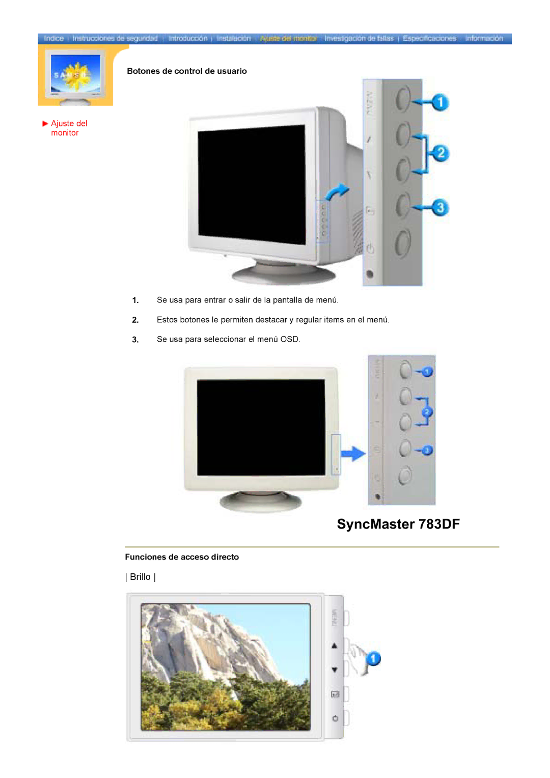 Samsung 797DF, 997DF, 793S, 793MB, 793V, 795DF Botones de control de usuario, Ajuste del monitor, Funciones de acceso directo 