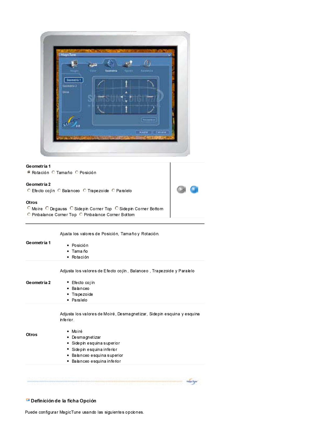 Samsung 793V, 997DF, 793S, 797DF, 793MB, 795DF, 795MB, 783DF, 591S, 591v, 793DF manual Definición de la ficha Opción, Otros 